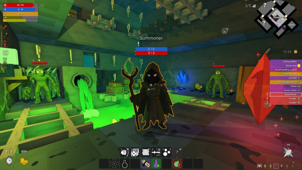 A hooded summoner and monsters in a glowing dungeon